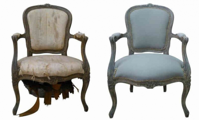 Detalle silla antes y después de ser tapizada